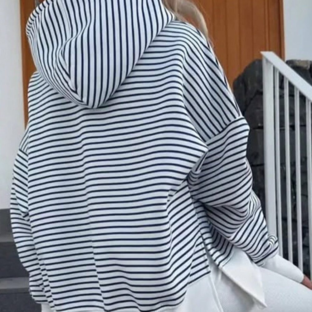 Blue Casual Women's Striped Print Hooded Sweatshirt - Picture 2 of 3